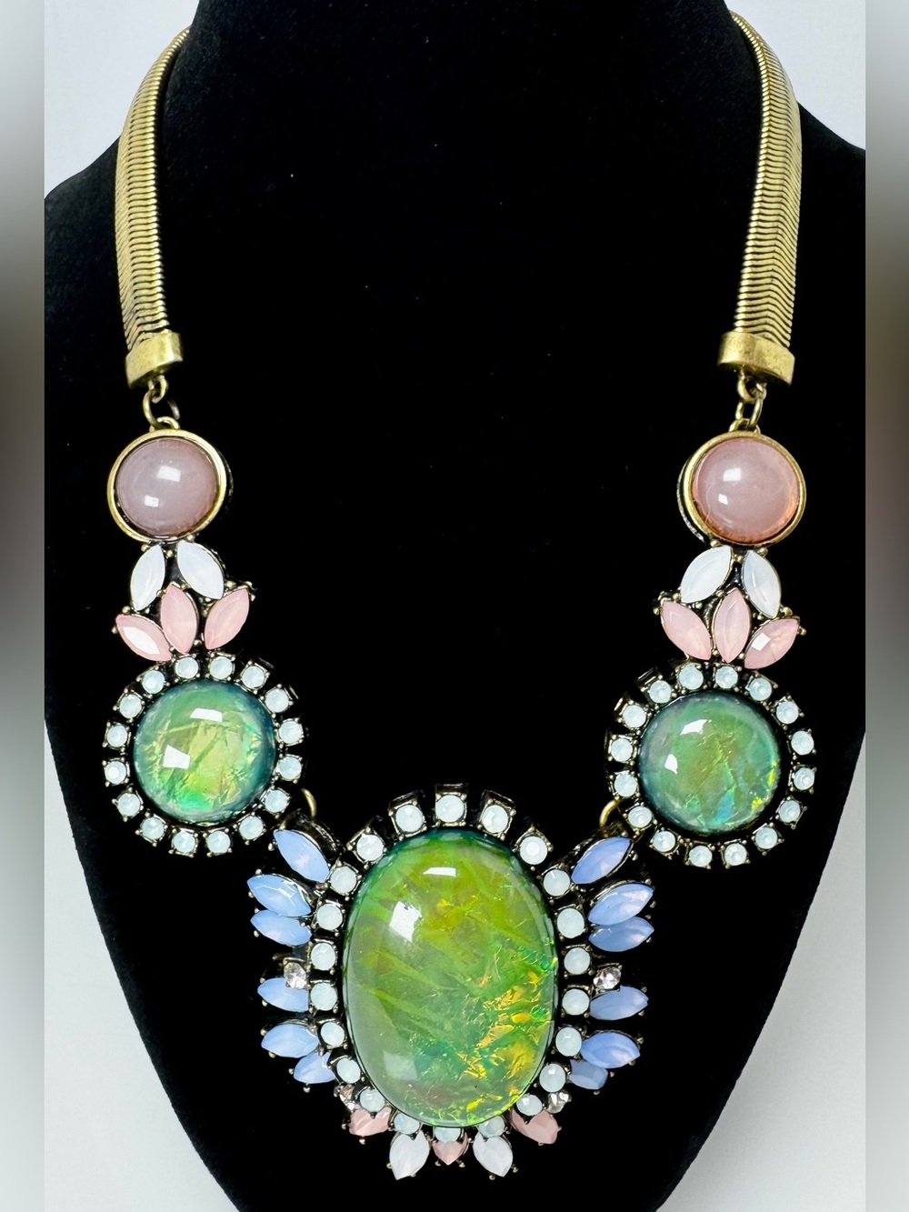 Gold-tone Statement Necklace w/ Green Opal Cabochons & Multicolor Crystals #1728
